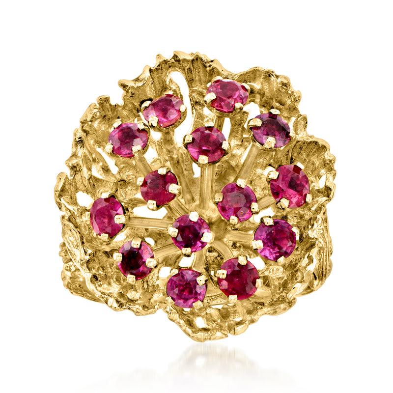 14kt yellow gold flower ring with pink ruby cluster stones and openwork petals