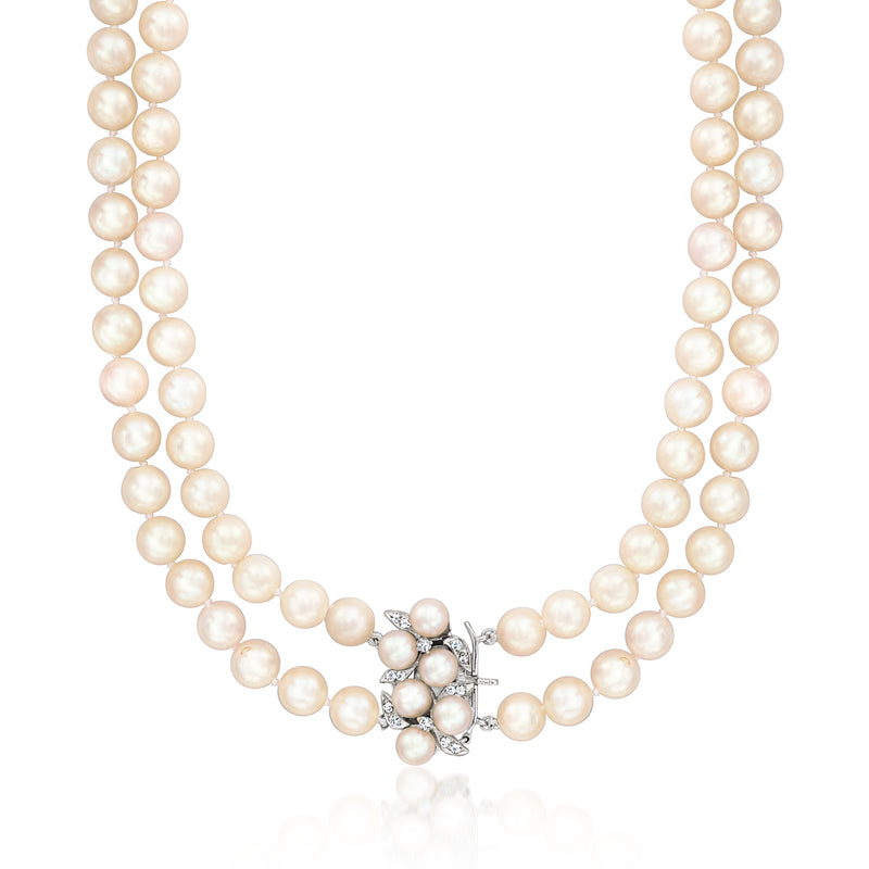 Vintage two-strand cultured pearl necklace with diamond cluster clasp in white gold