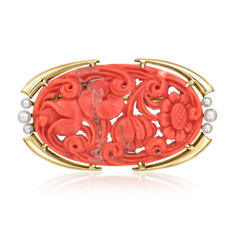 Vintage red coral oval pin with cultured pearl accents and 14kt yellow gold frame