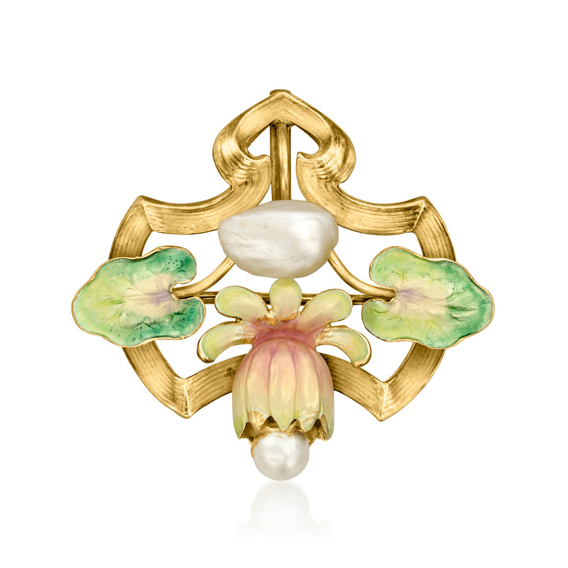 Vintage yellow gold flower pin with cultured pearls and multicolored enamel accents