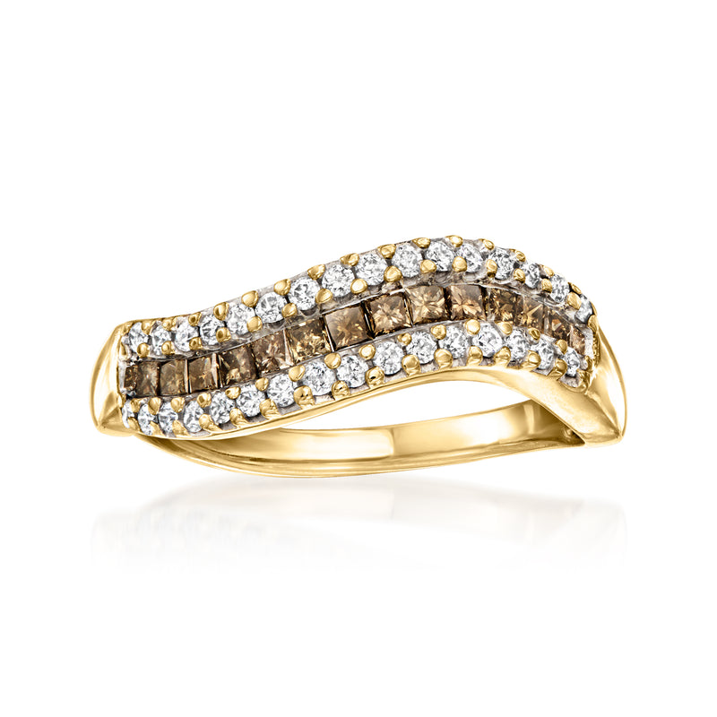 14kt yellow gold wave diamond ring with brown and white stones
