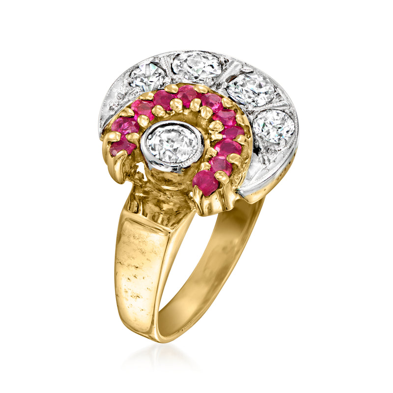 Vintage 14kt yellow gold ring view showing round diamonds and pink ruby stones