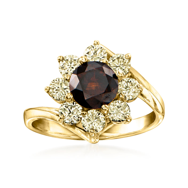 14kt yellow gold diamond flower ring with dark round center stone and white side diamonds