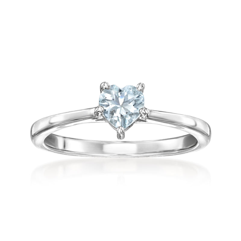 Sterling silver aquamarine heart ring with light blue gemstone in four-prong setting