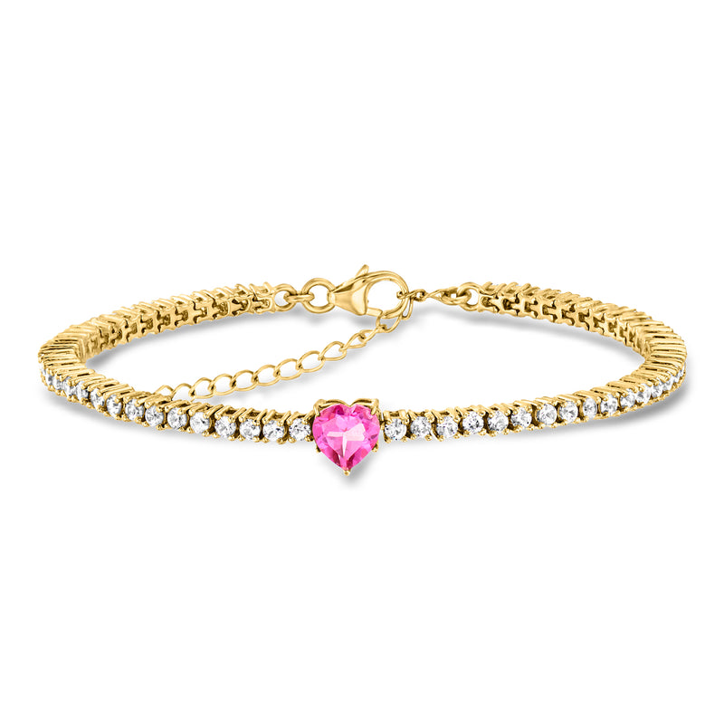 18kt gold over sterling tennis bracelet with pink heart stone and white zircon rows