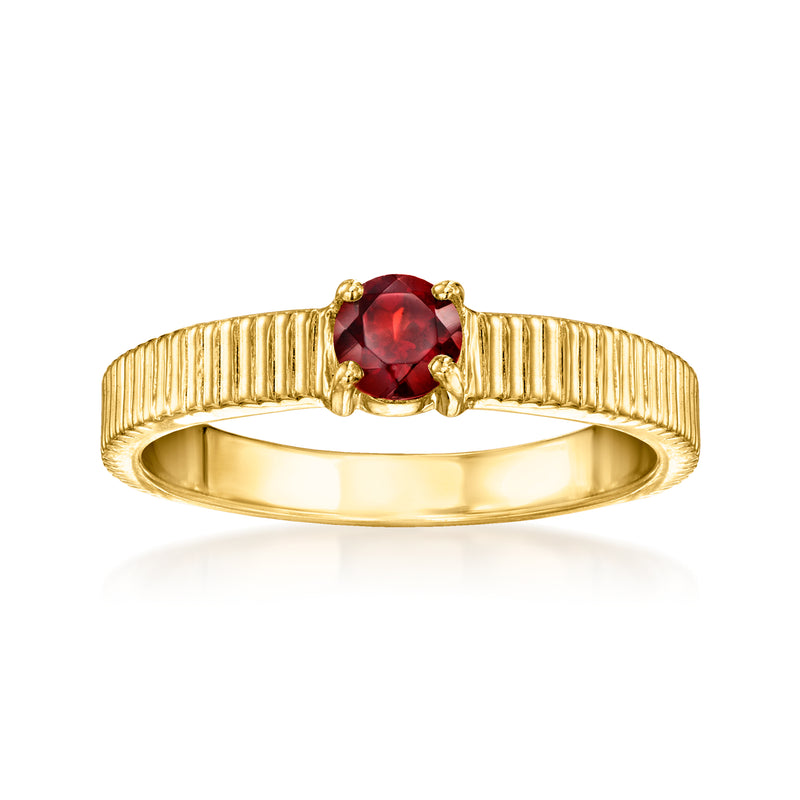 18kt gold over sterling ridged band ring with round red garnet centerpiece
