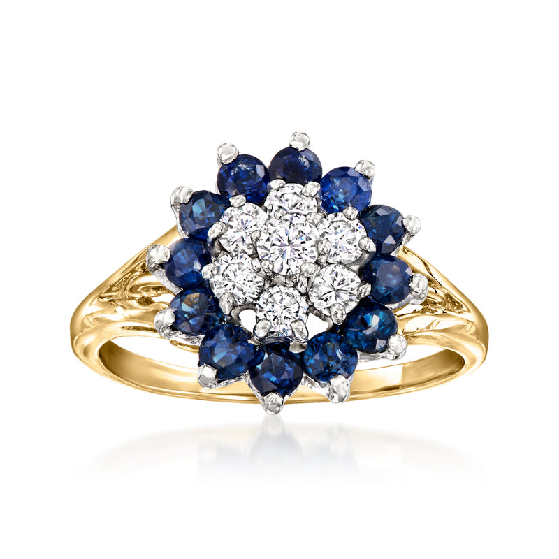 Vintage sapphire and diamond cluster ring, blue sapphires and white diamonds in yellow gold