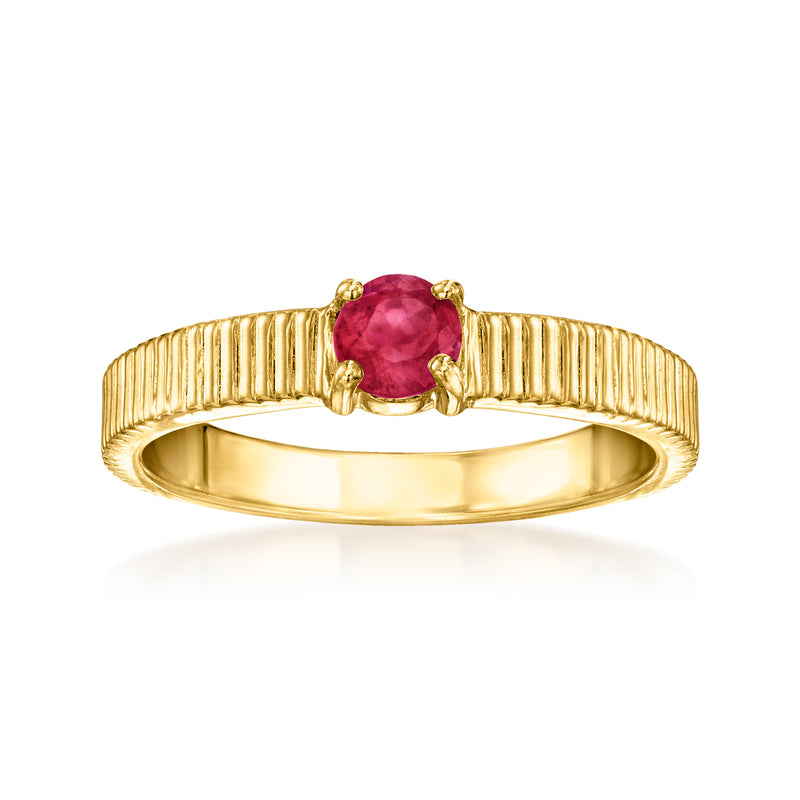 18kt gold over sterling ridged band ring with oval red ruby gemstone
