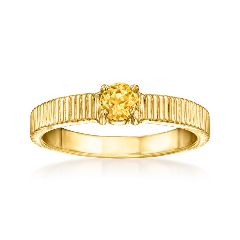 Citrine gemstone ridged gold-tone ring with round center stone and slim band