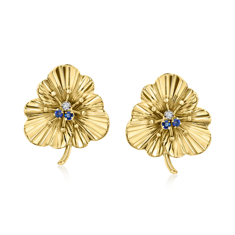 14kt yellow gold floral post earrings with blue sapphire center and diamond accents