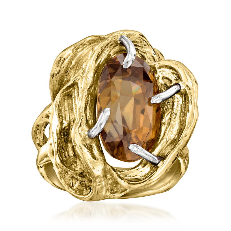 Vintage 18kt yellow gold ring with large brown tourmaline centerpiece and curved prongs