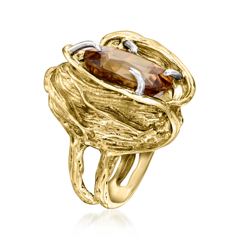 Vintage yellow gold ring with oval brown tourmaline and ornate swirled setting