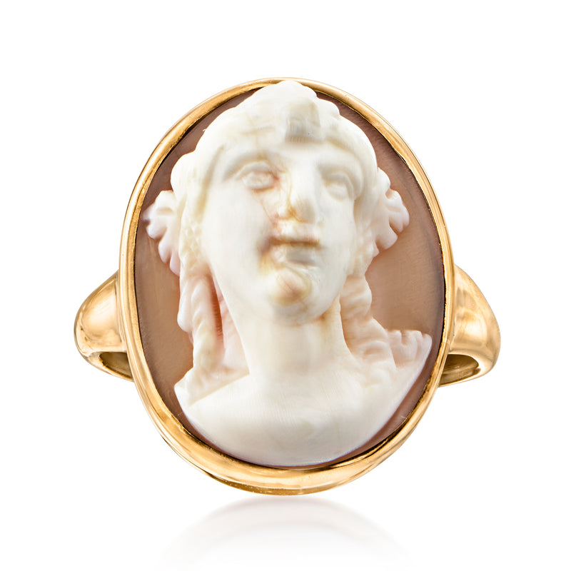 Vintage oval cameo ring in 10kt yellow gold with cream portrait bezel