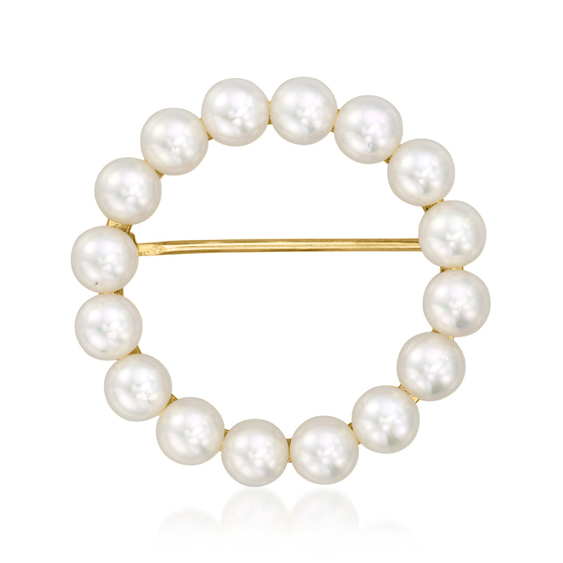 14kt yellow gold cultured pearl circle pin, vintage style with bar clasp