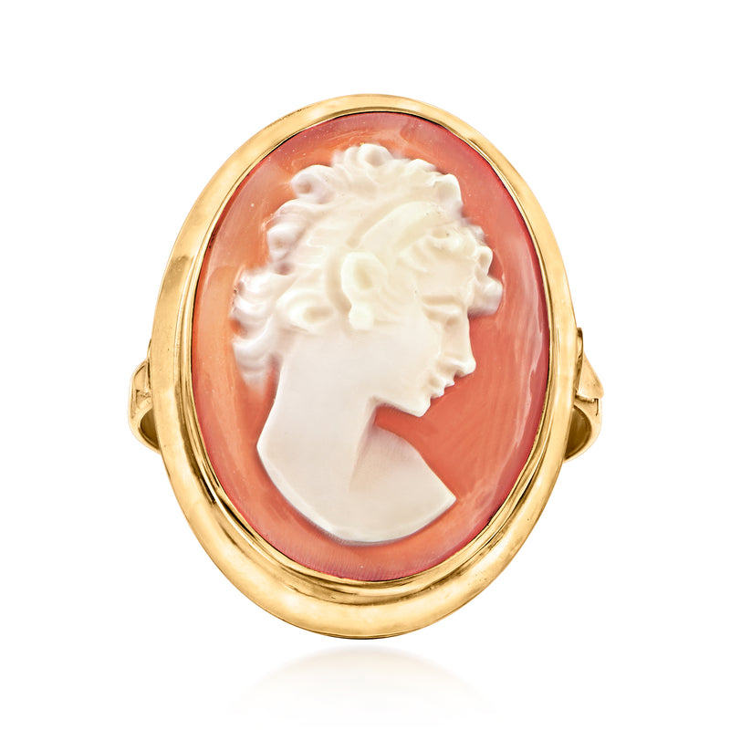 Vintage cameo ring with oval red-brown shell profile in 18kt yellow gold bezel