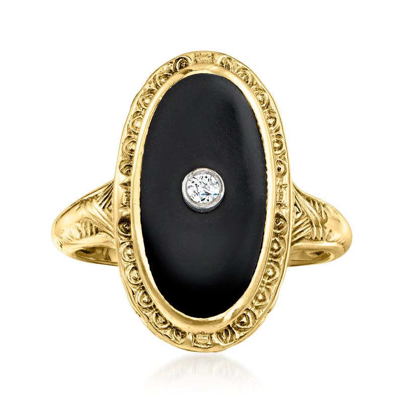 Vintage oval onyx and diamond ring in 14kt yellow gold, oval black stone with round diamond