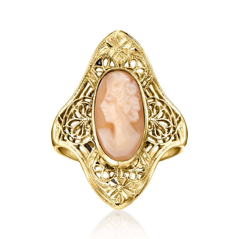 Vintage 10kt yellow gold cameo ring with oval beige shell and filigree band