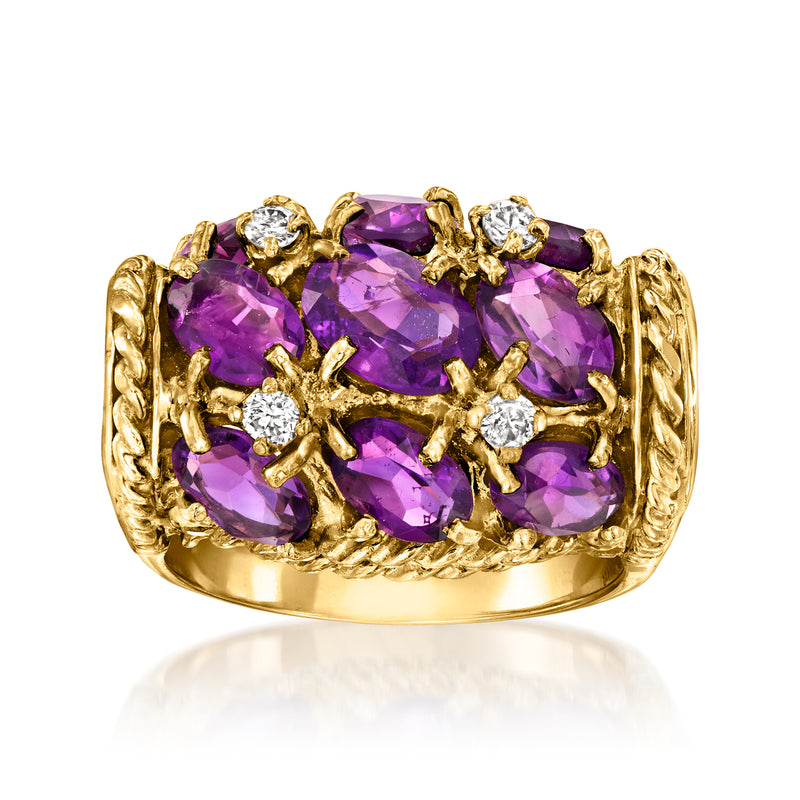 Vintage 14kt yellow gold ring with purple amethyst marquise stones and small diamond accents