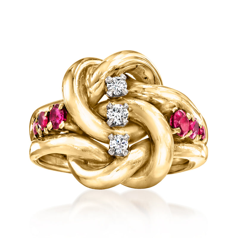 Vintage knot ring in 14kt yellow gold with pink rubies and three diamond accents