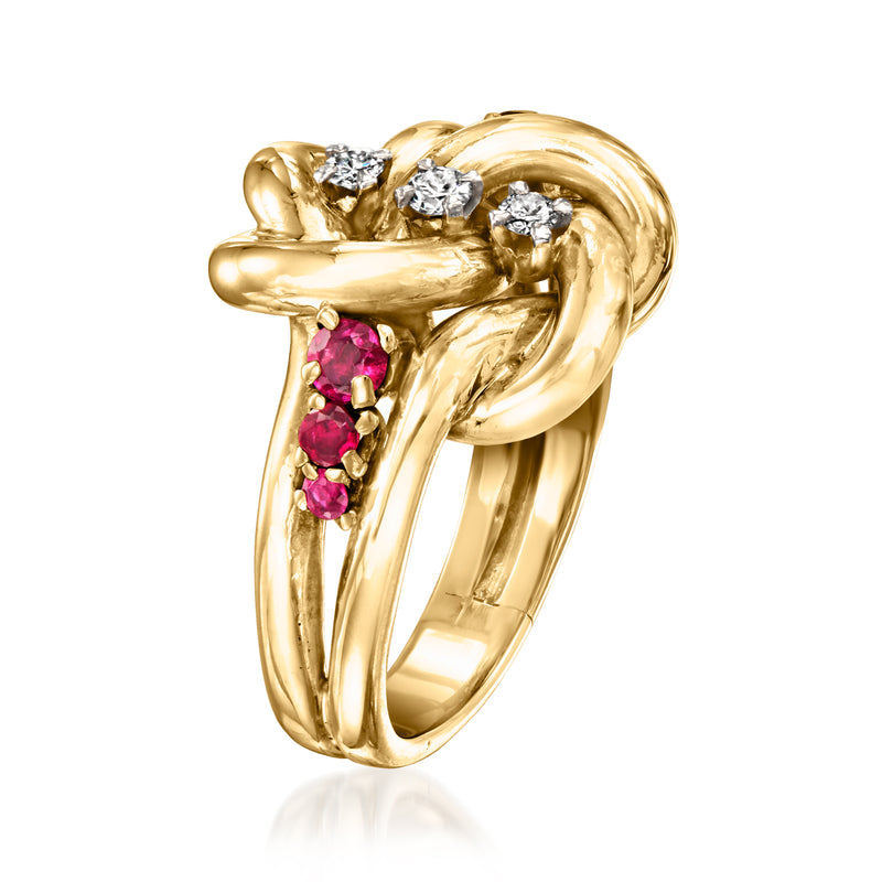 Vintage yellow gold knot ring with pink ruby cluster and three round diamonds
