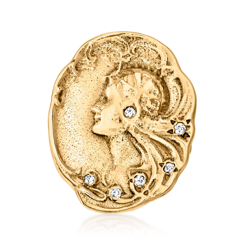 Vintage 14kt yellow gold cameo-style ring with diamond accents, oval floral design