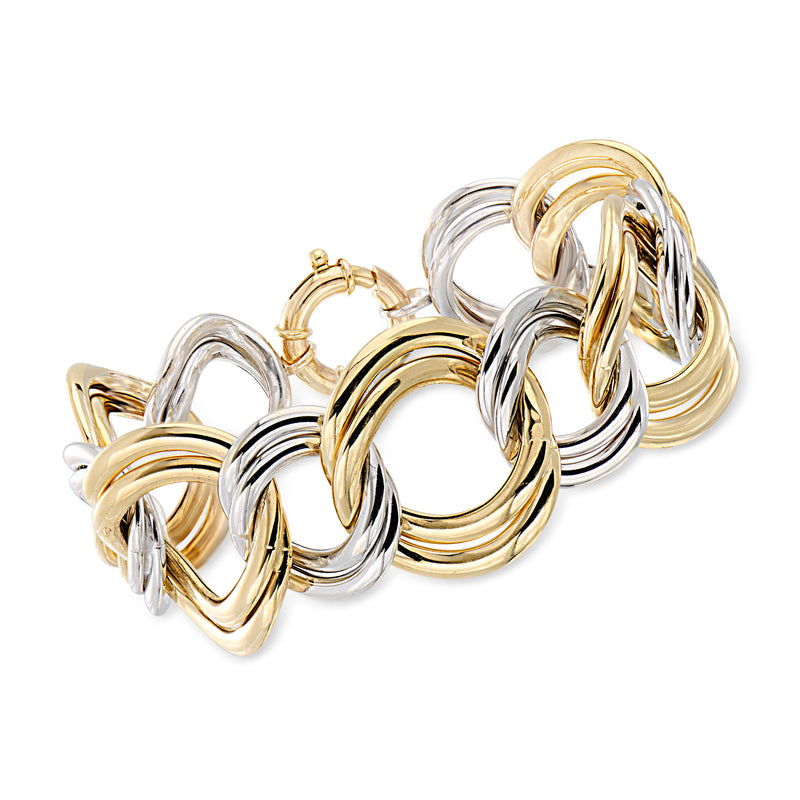 Vintage two-tone 14kt gold double-circle link bracelet, curved interlocking links