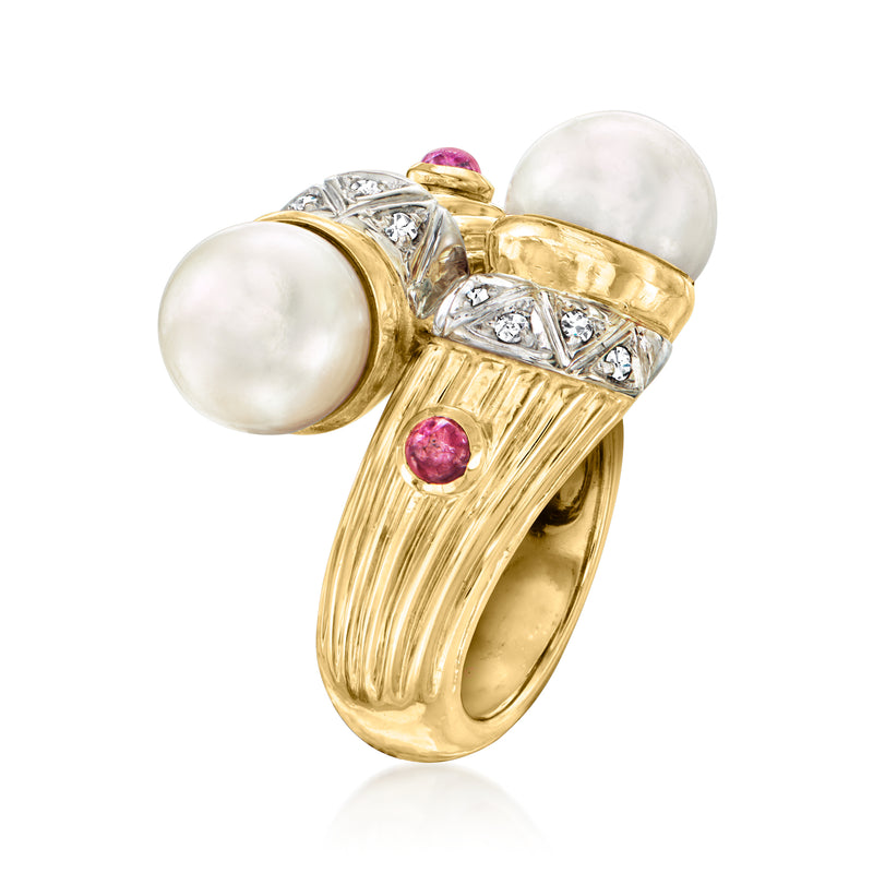 Vintage bypass ring with cultured pearls, rubies, diamonds, and two-tone gold