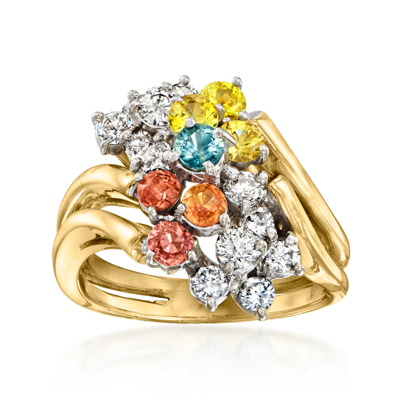Vintage 14k yellow gold cluster ring with multicolored sapphires and diamond accents