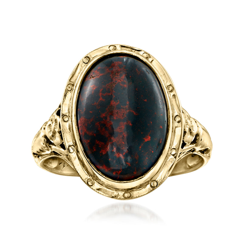 Vintage oval bloodstone cabochon filigree ring, 14kt yellow gold bezel and band