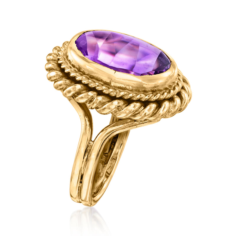 Vintage oval amethyst ring side view in 14kt yellow gold, braided bezel halo