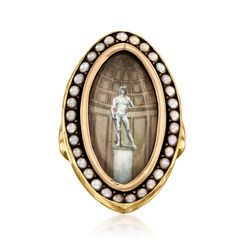 Gold oval cameo ring with pearl border and pale statue inset