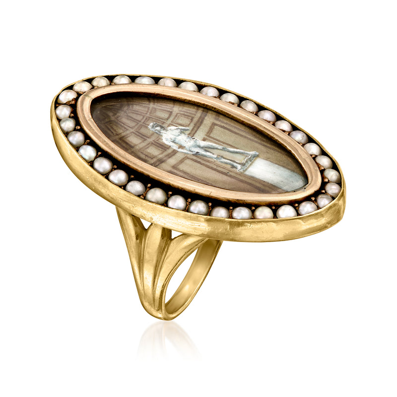 Gold oval cameo ring with pearl beaded frame and statue scene