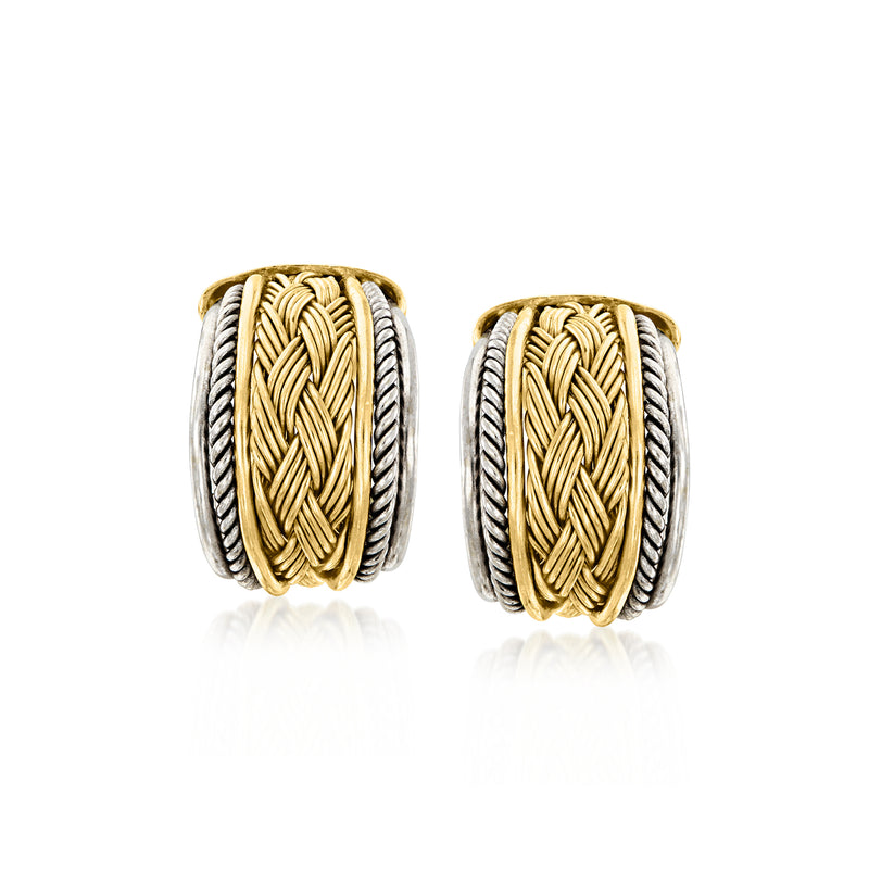 Two-tone gold braided curved hoop earrings, ribbed oval profile