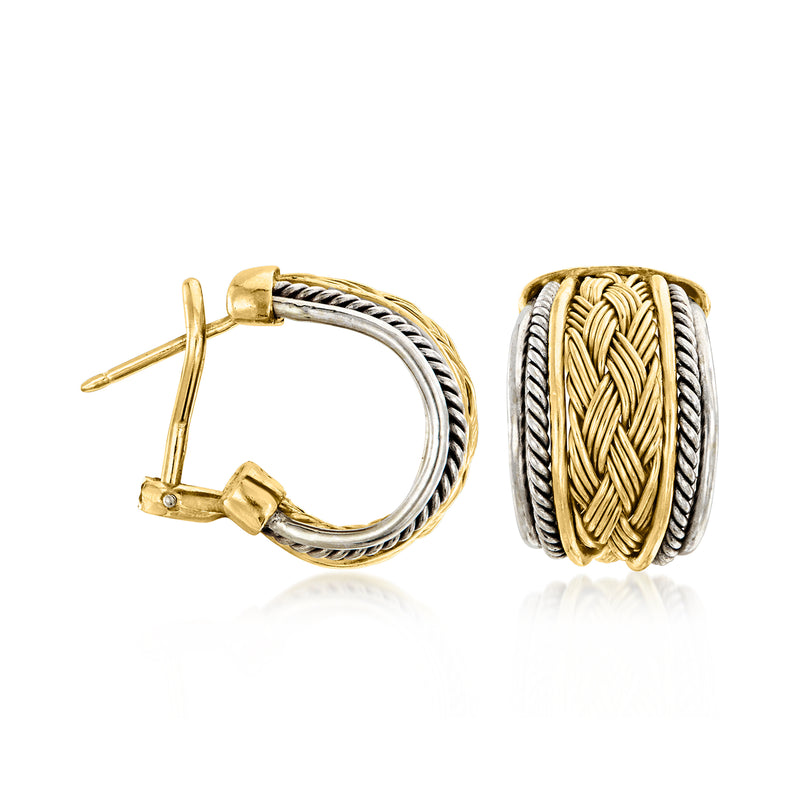 Two-tone gold braided curved hoop earrings with gold post back, oval shape