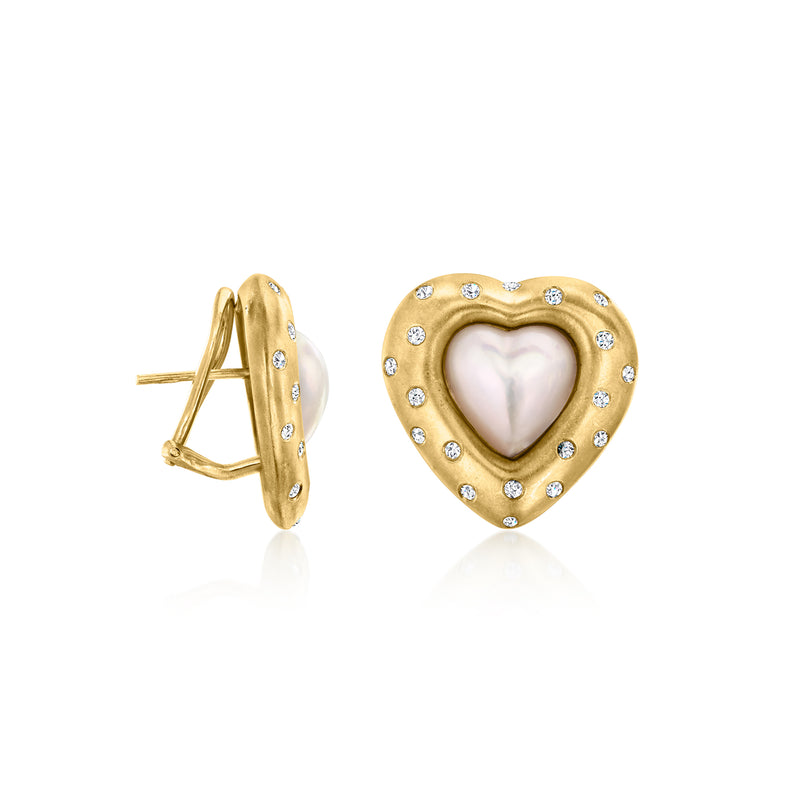 Gold heart mabe pearl earrings with diamond halo, post/clip back view