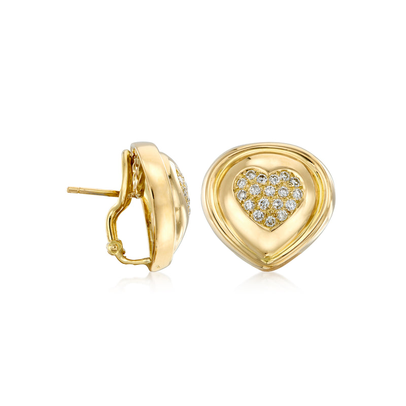 18kt yellow gold heart stud earrings with diamond center and clip-back post