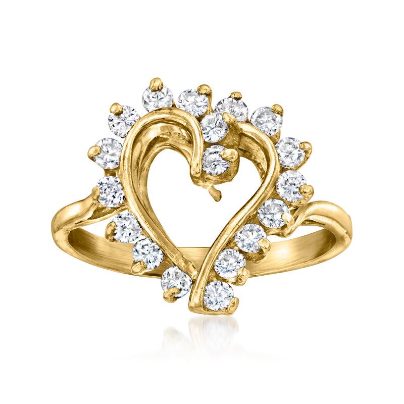 14kt yellow gold heart ring with prong-set round diamonds