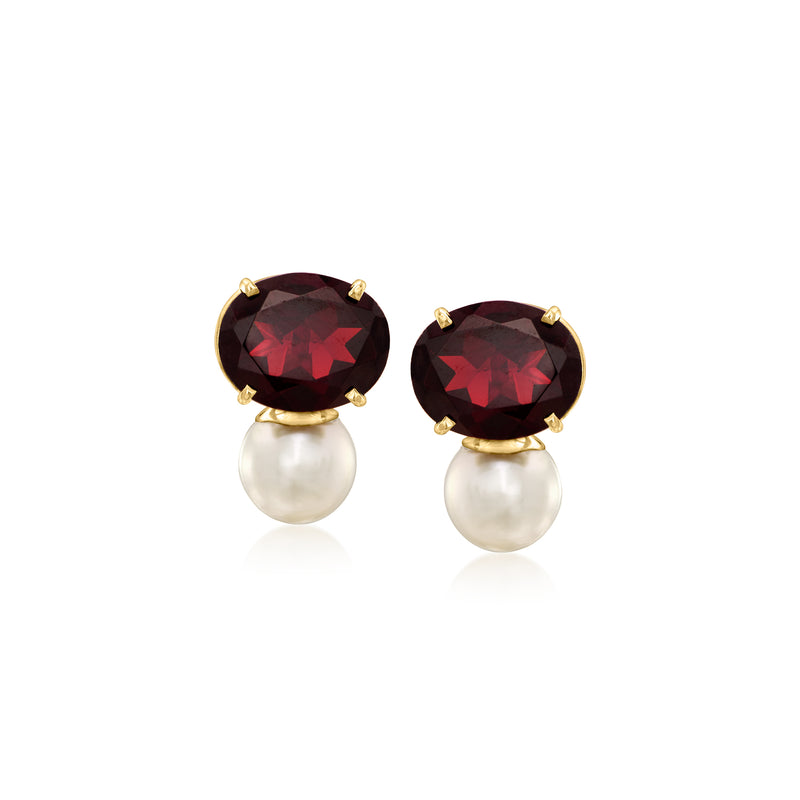 14kt yellow gold garnet and cultured pearl stud earrings, oval red stones, post backs