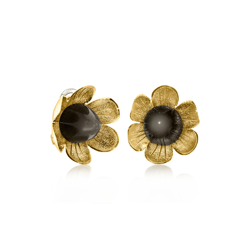 Gold flower clip-on earrings with gray agate center and textured petals