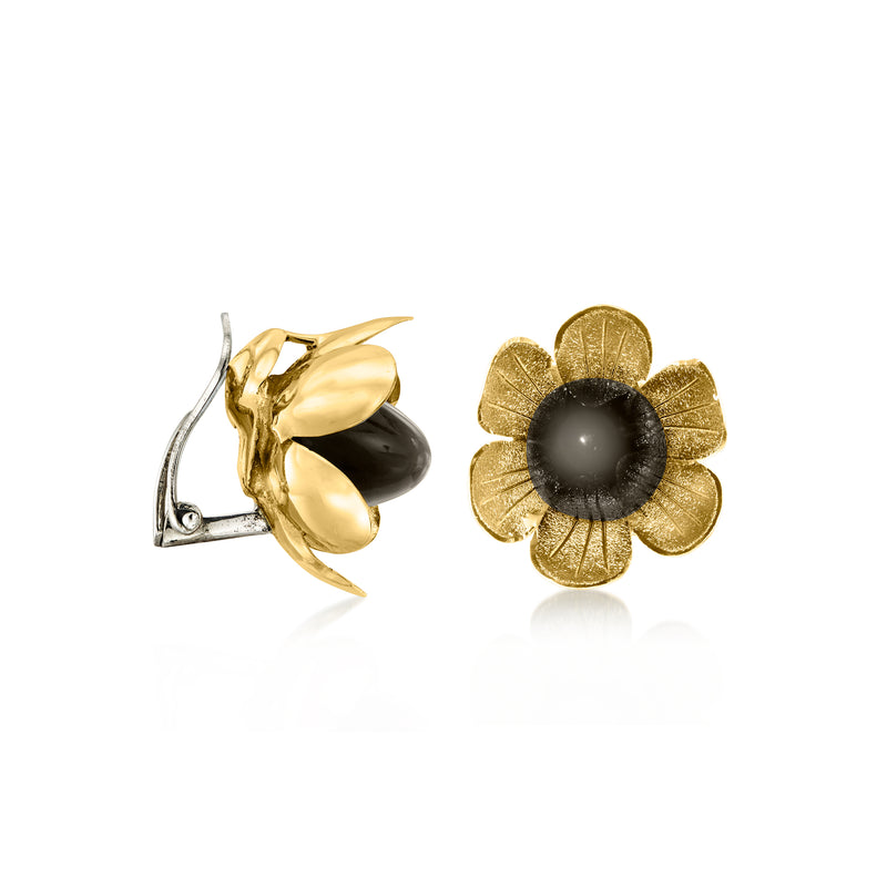 Gold flower clip-on earrings with gray agate center, shown with hinge backs