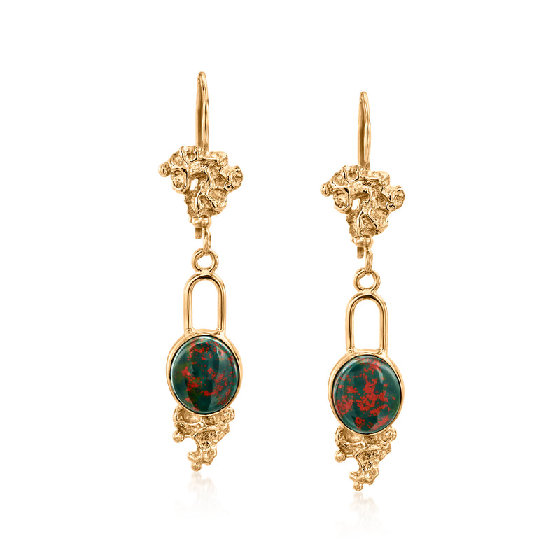 14kt yellow gold drop earrings with green and red speckled gemstone, earwire