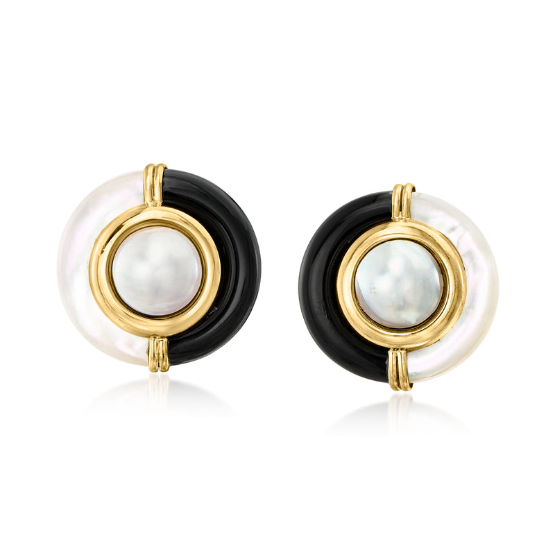 Gold mother-of-pearl hoop earrings with black onyx centers