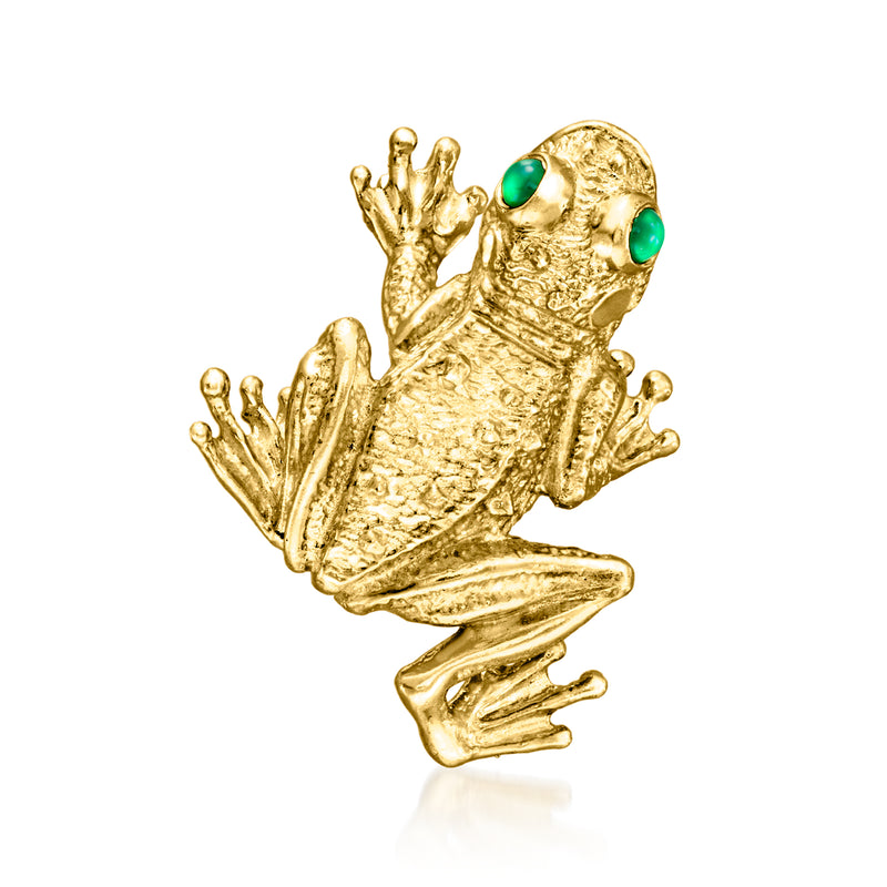 18kt yellow gold frog pin with emerald-green eyes and textured body