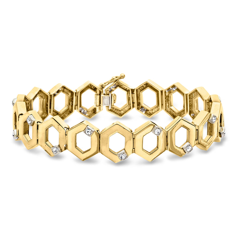 Geometric-link diamond bracelet in 14kt yellow gold with faceted hexagon stones