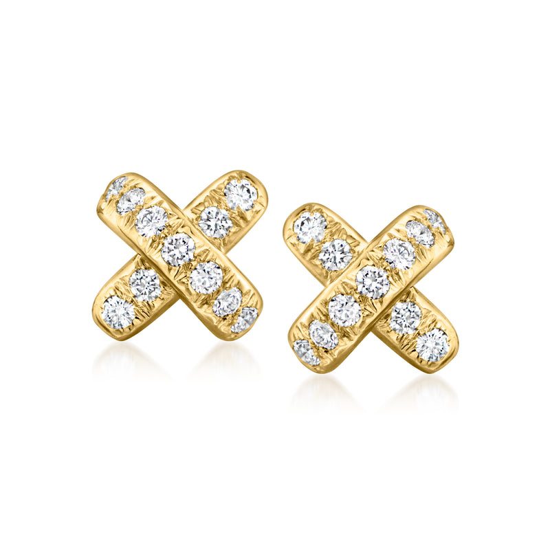 Vintage yellow gold X stud earrings with round diamond accents, post backs