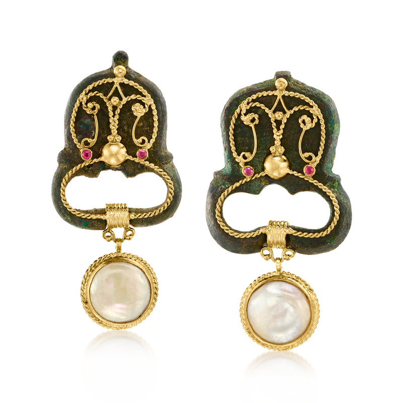 18k yellow gold vintage coin pearl drop earrings with ruby accents, ornate filigree top