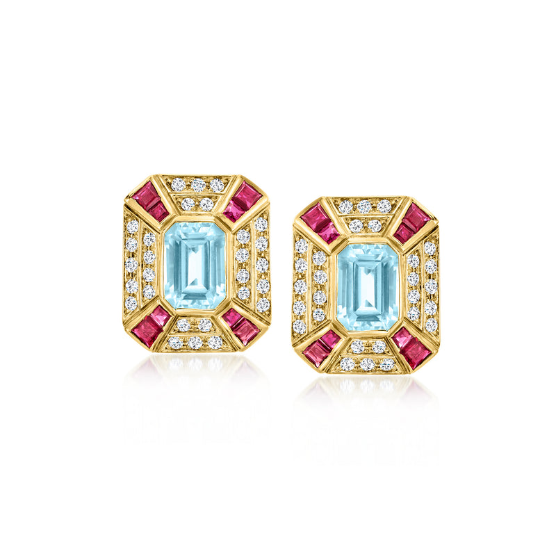 18kt yellow gold earrings with sky blue center, ruby corners, and diamond border, octagon style