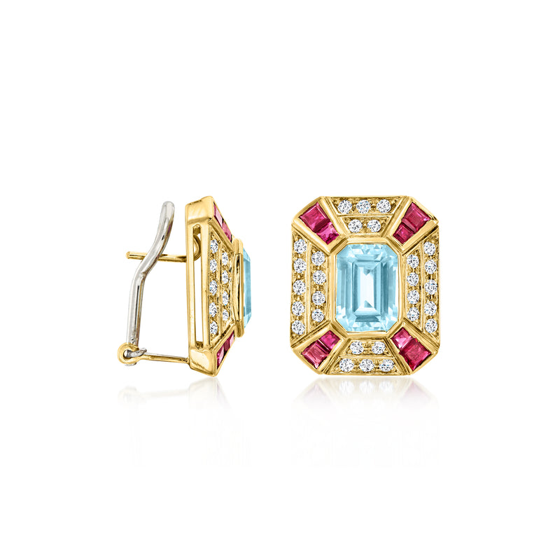 Clip/post earrings in 18kt yellow gold with sky blue center, ruby accents, diamond halo; side view