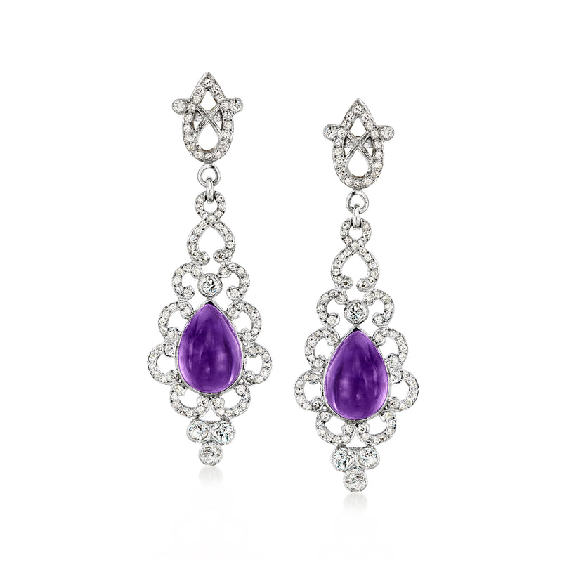Amethyst drop earrings in white gold with diamond halos and dangling clusters