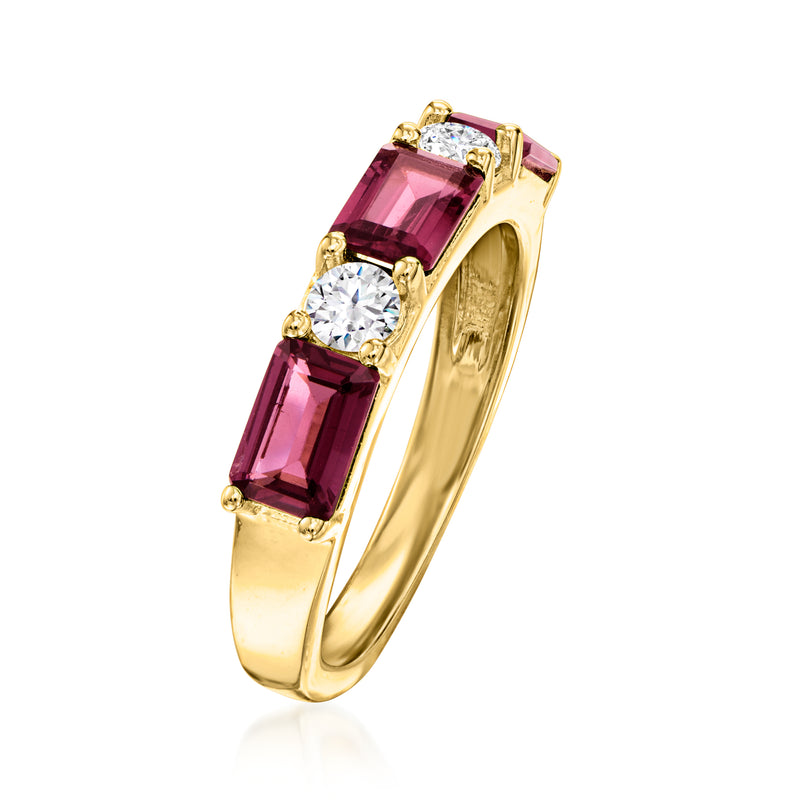 Gold-toned side view ring with pink rectangular gemstones and round diamond accents on band